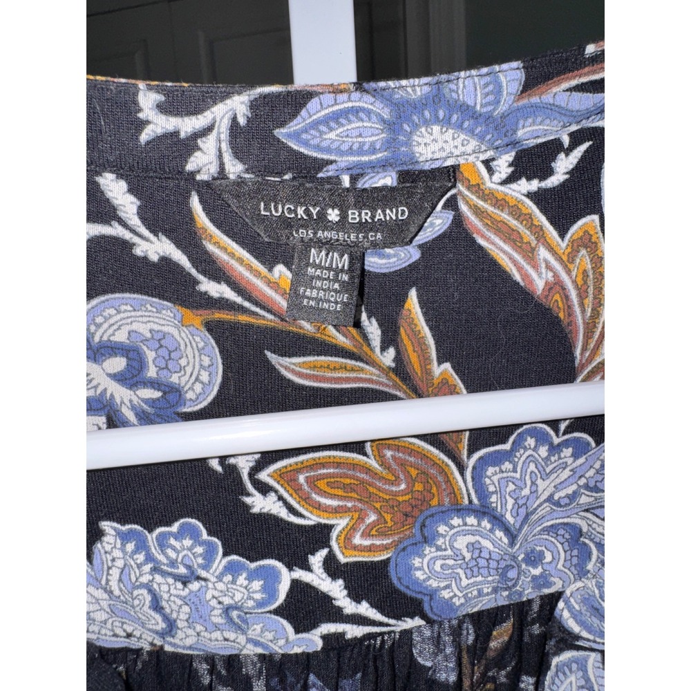 Lucky Brand Women Black Blue Floral Boho Viscose Split Neck Blouse Medium - Picture 4 of 8